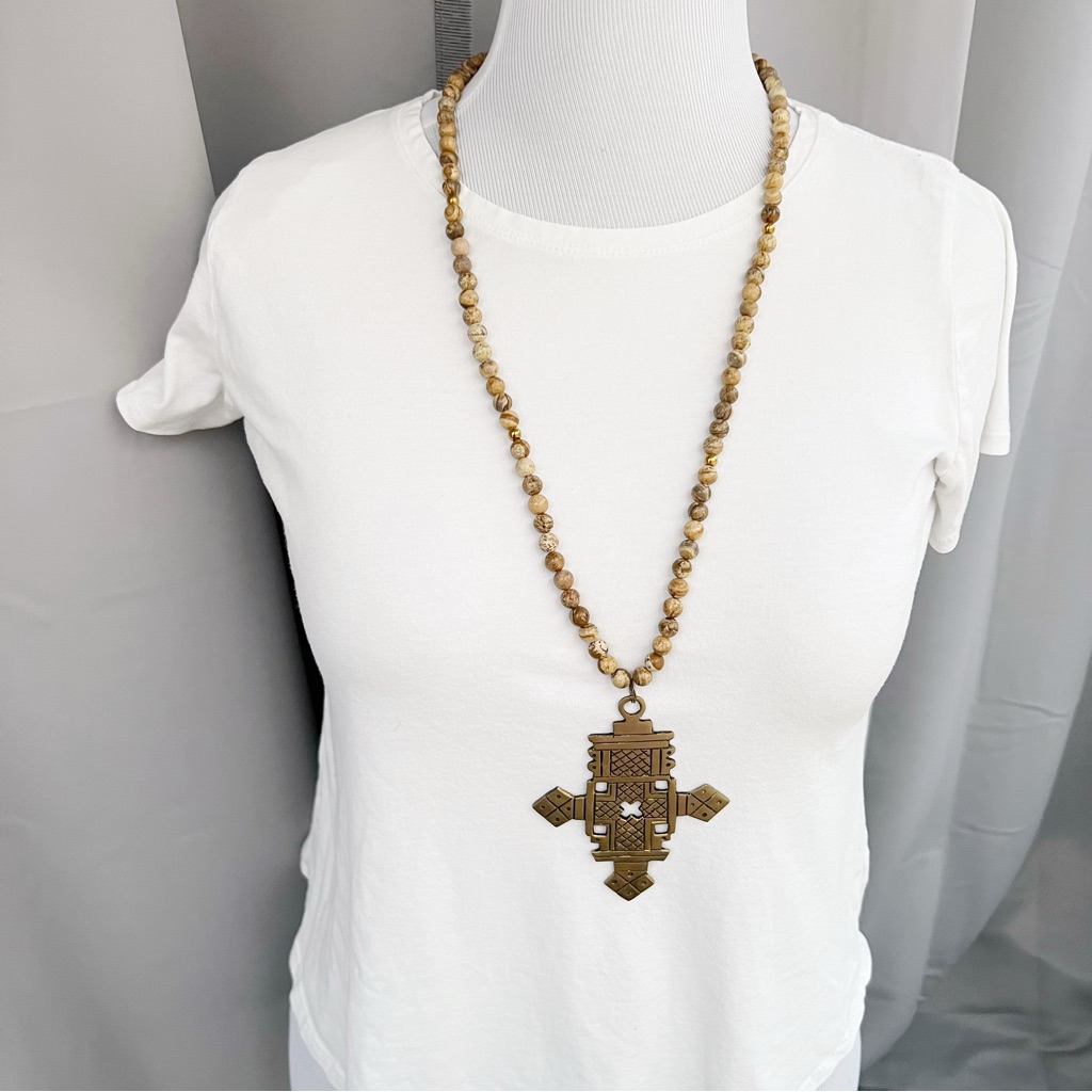 Betsy Pittard Brass Cross Snd Jasper Necklace